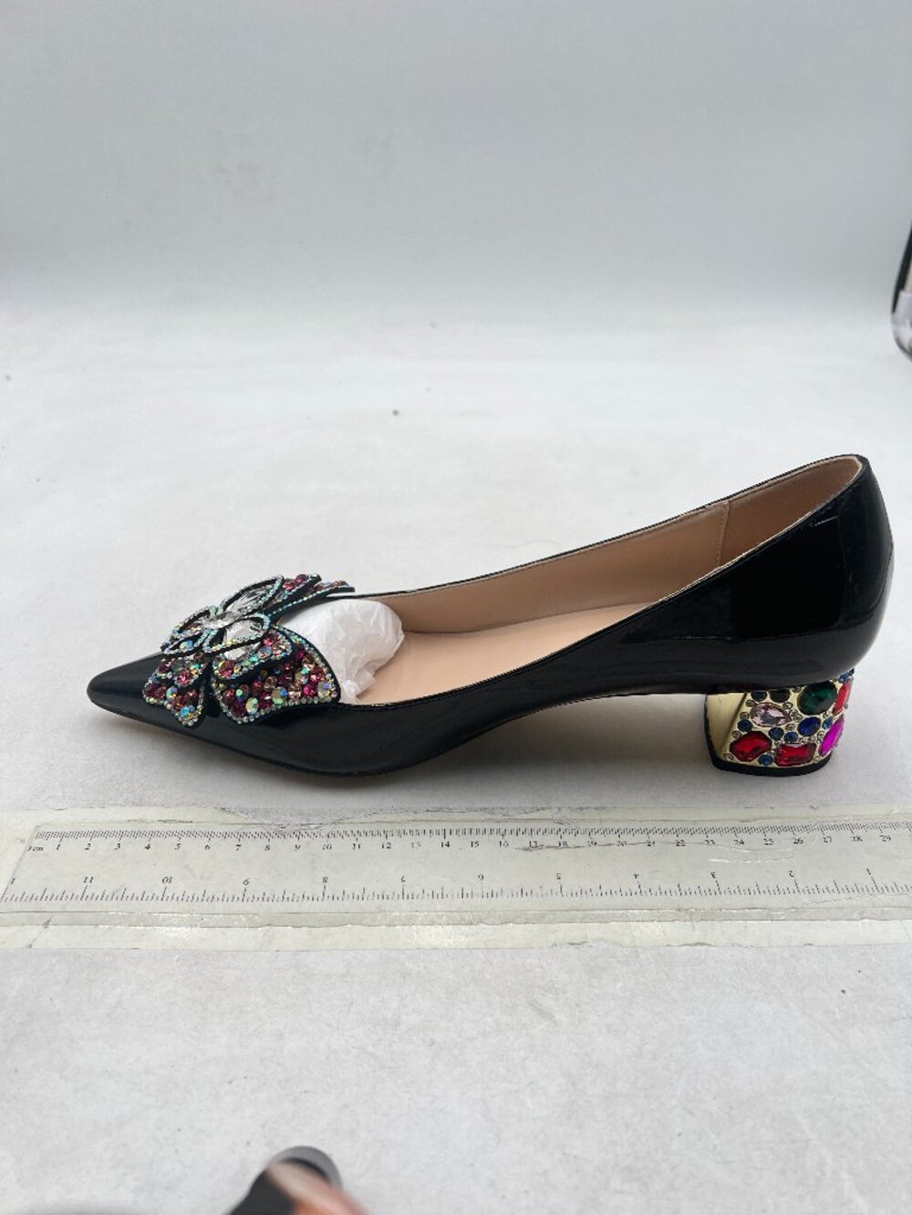 YDN Black Pointed Toe Bow Pump Colorful Rhinestone Block Low Heel Butterfly Shoe - Picture 2 of 8